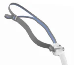 Sentence with product name: ResMed AirFit P10 Nasal Pillow CPAP Mask with headgear and blue accents.