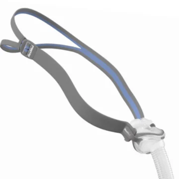 Sentence with product name: ResMed AirFit P10 Nasal Pillow CPAP Mask with headgear and blue accents.