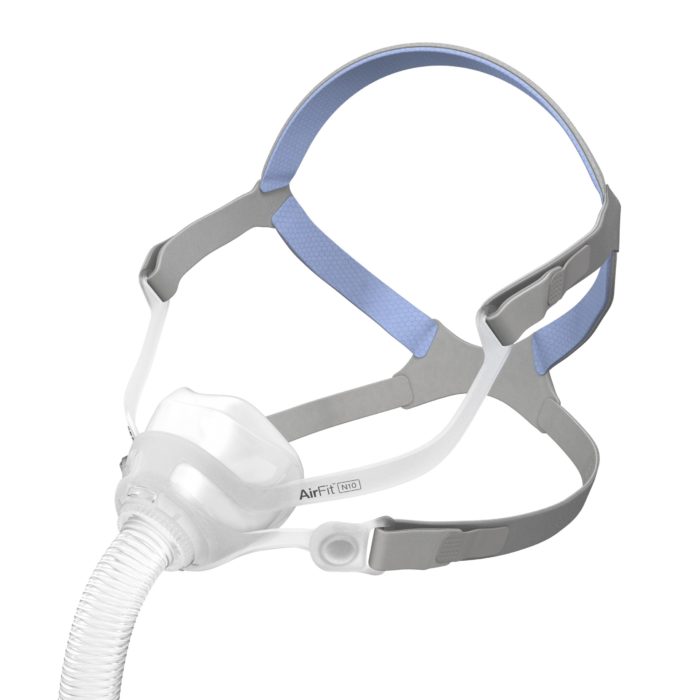 A [ResMed AirFit N10 Nasal CPAP Mask] with a blue strap.