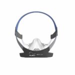 A ResMed AirFit F30 CPAP mask with blue headgear and a clear full-face cushion.