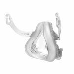 Clear plastic and silicone CPAP mask frame with a triangular cushion and headgear clips.