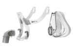 Clear plastic CPAP mask parts, including a frame, nasal cushion, and elbow connector, on a white background.