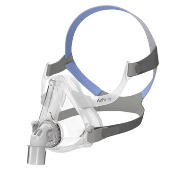 A clear face mask with a blue and gray head strap, labeled "AirFit F10," used for CPAP therapy.