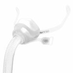 Clear nasal CPAP mask with flexible headgear and attached air hose, labeled “AirFit N10.”.