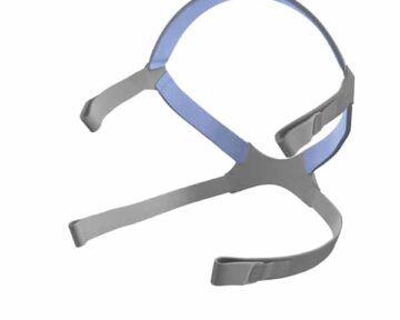 Gray and blue headgear strap for a CPAP mask, shown on a white background.