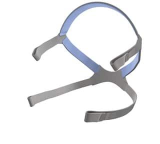 Gray and blue CPAP headgear with adjustable straps isolated on a white background.