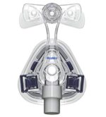 Clear plastic CPAP mask with adjustable headgear and ResMed branding, viewed from the front.