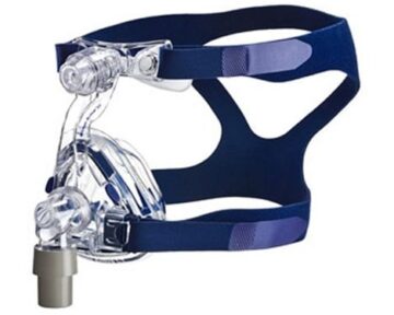 Clear CPAP nasal mask with blue headgear straps, used for sleep apnea therapy.