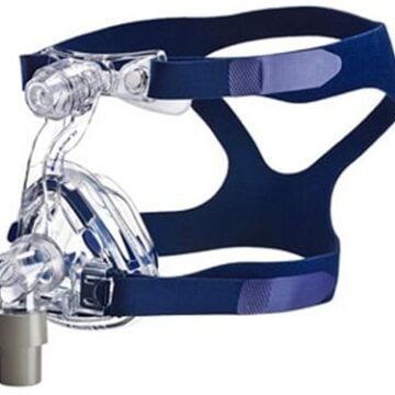 Clear CPAP nasal mask with blue headgear straps, used for sleep apnea therapy.