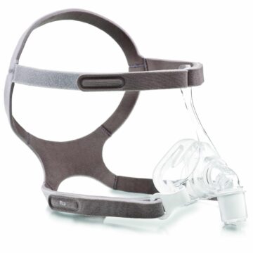CPAP nasal mask with headgear for sleep apnea therapy, featuring clear nasal cushion and adjustable straps.