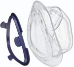 Clear plastic CPAP mask cushion and a separate blue mask frame shown side by side on a white background.