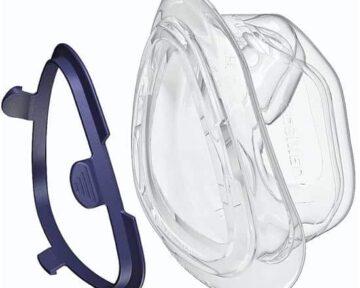 Clear plastic CPAP mask cushion and a separate blue mask frame shown side by side on a white background.