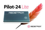 A Medistrom Pilot-24 Lite device next to a red feather, with the Medistrom logo and text.