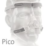 A clear mannequin head wearing a Pico CPAP nasal mask with gray and white headgear straps.
