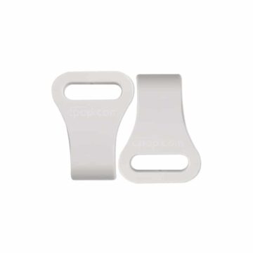 Two white plastic clips with rectangular slots, displayed side by side on a plain white background.