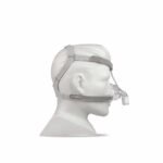Side view of a mannequin wearing a nasal CPAP mask with headgear straps.