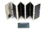 Foldable solar panel charger and a portable MEDISTROM battery pack on a white background.
