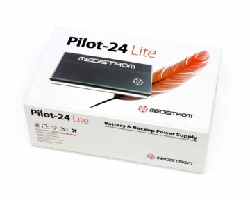 Medistrom Pilot-24 Lite battery and backup power supply box with a feather and device image on top.