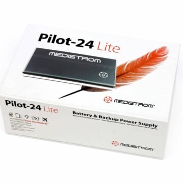 Medistrom Pilot-24 Lite battery and backup power supply box with a feather and device image on top.