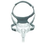 Clear CPAP full face mask with gray headgear and hose connector, viewed from the front.