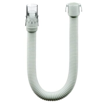 Flexible white plastic drain pipe with ribbed texture, U-shaped, connectors at both ends.