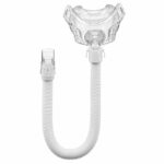 Clear CPAP mask with a flexible white hose and connectors, used for sleep apnea therapy.