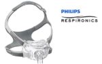 A Philips Respironics CPAP mask with headgear, shown next to the Philips Respironics logo.