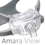 Clear CPAP mask with gray straps labeled "Amara View" on a white background.