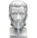 A CPAP mask fitted on a mannequin head, with Philips Respironics branding visible at the base.