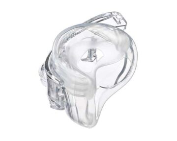 Clear plastic nasal mask cushion for a CPAP machine, viewed from above on a white background.