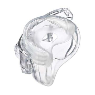 Clear plastic nasal mask cushion for a CPAP machine, viewed from above on a white background.