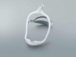 Clear CPAP mask frame with head strap, designed for sleep apnea therapy, on a light gray background.