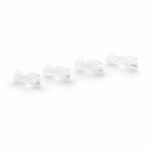 Four clear plastic nasal cannula tips arranged in a row on a white background.