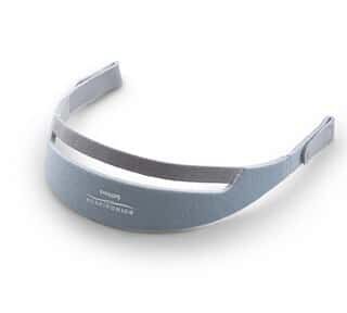 A gray and transparent plastic face shield headband with adjustable sides.