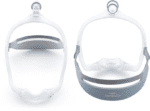 Two white CPAP headgear masks with gray and blue padded straps, shown from front and back views.