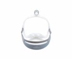 White and gray CPAP mask frame with headgear, viewed from the front on a plain white background.