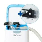 SoClean CPAP cleaner with mask inside and a highlighted image of the compatible humidifier chamber.