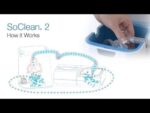 A hand places a hose into a SoClean 2 CPAP cleaner; blue dots illustrate the cleaning process.