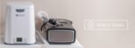 A CPAP cleaning device and a CPAP machine sit side by side on a white surface; "Watch Video" appears onscreen.