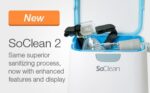 Open SoClean 2 sanitizing device with CPAP parts inside; “New” label and product description on left.