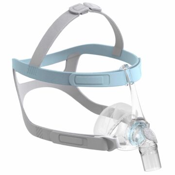 CPAP mask with headgear straps and a clear nasal cushion for sleep apnea therapy.