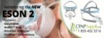 Close-up of a person wearing a CPAP mask, with text advertising the new Eson 2 and its features.