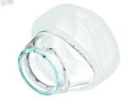 Clear plastic medical oxygen mask with a round opening, viewed from an angle on a white background.