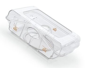 Clear plastic food container with hinged lid, featuring “max fill” icons on the sides.