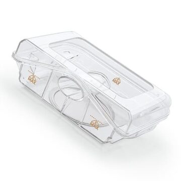 Clear plastic food container with hinged lid, featuring “max fill” icons on the sides.