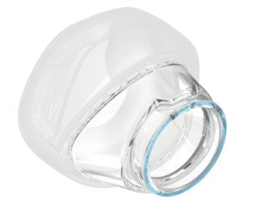 Clear plastic CPAP nasal mask cushion with a blue highlight around the outer edge, on a white background.