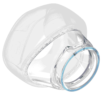 Clear plastic CPAP nasal mask cushion with a blue highlight around the outer edge, on a white background.