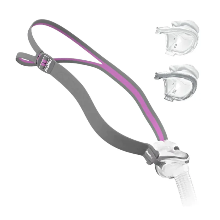 Swimming goggles with adjustable nosepiece and dual strap, comparable to the ResMed AirFit P10 For Her Nasal Pillow CPAP Mask (Fit Pack), isolated on a white background.