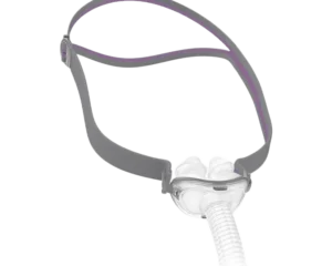 ResMed AirFit P10 For Her Nasal Pillow CPAP Mask (Fit Pack) with headgear and flexible tube on a white background.