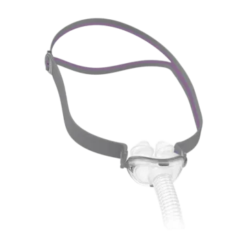 ResMed AirFit P10 For Her Nasal Pillow CPAP Mask (Fit Pack) with headgear and flexible tube on a white background.
